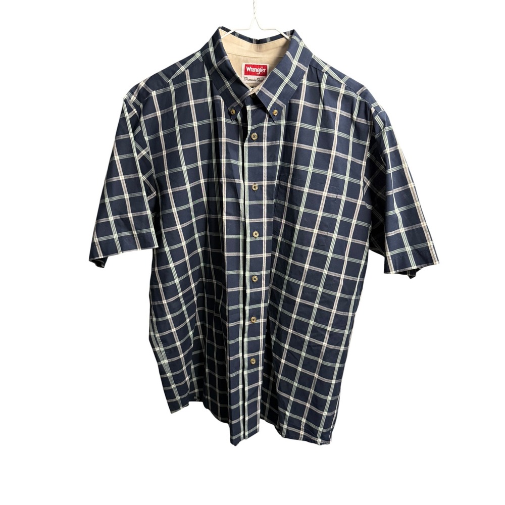 Wrangler Premium Quality Mens Navy Plaid Short Sleeve Button Down Shirt Large